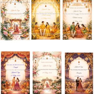 Luxury Indian Wedding Invitation Card Set (Pack of 25) | Floral Royal Theme | Custom Printed Multi-Event Wedding Cards